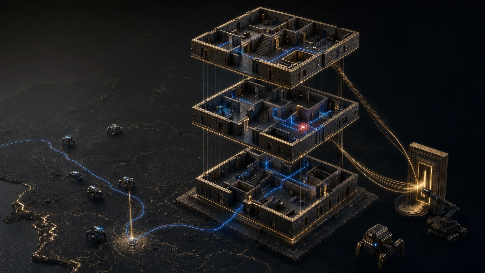 Concept visualization of terrain, a separated building, evidence sources, and a human authorization gate